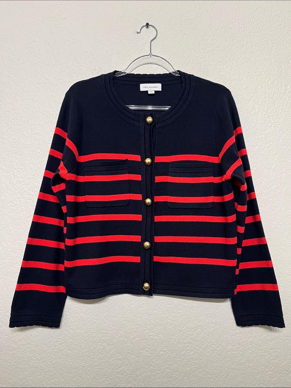 Free Assembly Women’s Large Striped Navy and Red Button-Front Cardigan Sweater
